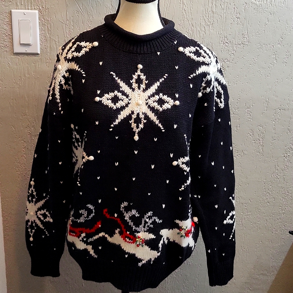 Vintage Lauren Hansen Hand Knitted Snowflake & Reindeer Sweater